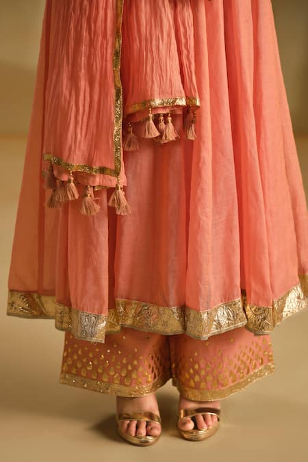 Shop_Almaari By Pooja Patel_Pink Silk, Chanderi, Tissue Gota Patti, Arya Embroidered Anarkali Pant Set _Online_at_Aza_Fashions