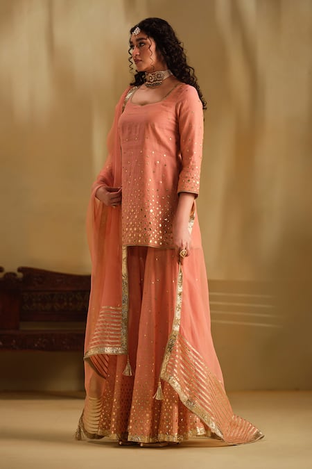 Almaari By Pooja Patel Pink Silk, Organza Gota Patti, Tassels Divya Embroidered Kurta Sharara Set Online at Aza Fashions Almaari By Pooja Patel_Pink Silk, Organza Gota Patti, Tassels Divya Embroidered Kurta Sharara Set _Online_at_Aza_Fashions
