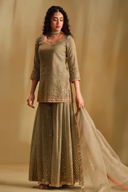 Almaari By Pooja Patel Green Silk, Organza Gota Patti, Tassels Divya Embroidered Kurta Sharara Set Online at Aza Fashions Almaari By Pooja Patel_Green Silk, Organza Gota Patti, Tassels Divya Embroidered Kurta Sharara Set _Online_at_Aza_Fashions