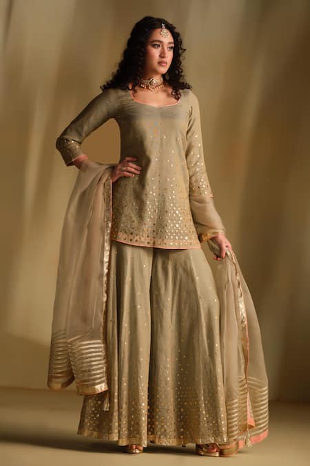 Almaari By Pooja Patel Green Silk, Organza Gota Patti, Tassels Divya Embroidered Kurta Sharara Set