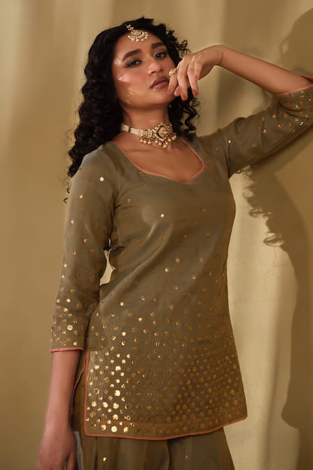 Shop Almaari By Pooja Patel Green Silk, Organza Gota Patti, Tassels Divya Embroidered Kurta Sharara Set Shop_Almaari By Pooja Patel_Green Silk, Organza Gota Patti, Tassels Divya Embroidered Kurta Sharara Set