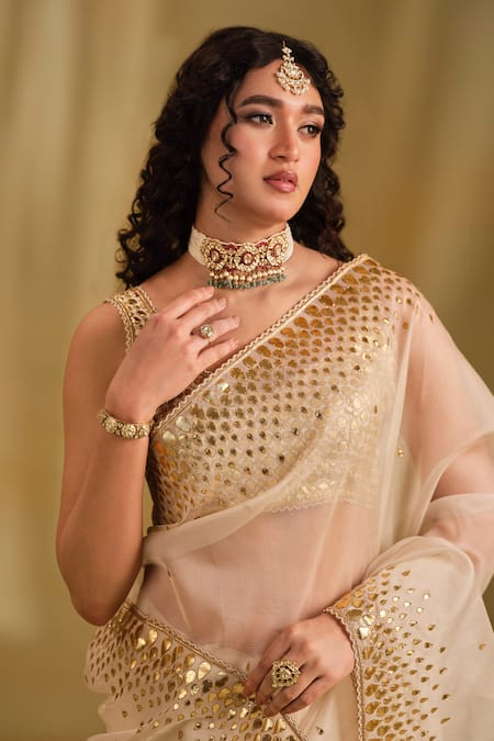 Almaari By Pooja Patel_White Organza, Silk Gota Patti, Tassels, Zari Supriya Work Saree With Blouse _Online_at_Aza_Fashions