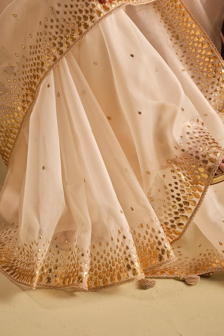 Buy_Almaari By Pooja Patel_White Organza, Silk Gota Patti, Tassels, Zari Supriya Work Saree With Blouse _Online_at_Aza_Fashions