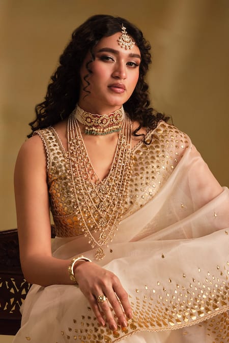 Shop_Almaari By Pooja Patel_White Organza, Silk Gota Patti, Tassels, Zari Supriya Work Saree With Blouse _Online_at_Aza_Fashions