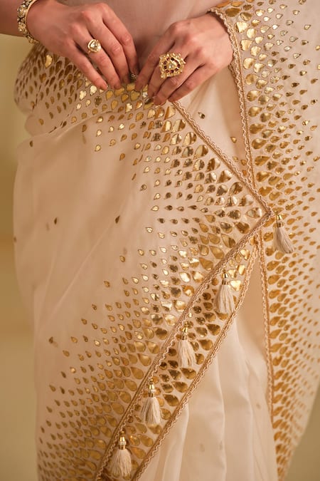 Almaari By Pooja Patel_White Organza, Silk Gota Patti, Tassels, Zari Supriya Work Saree With Blouse _at_Aza_Fashions