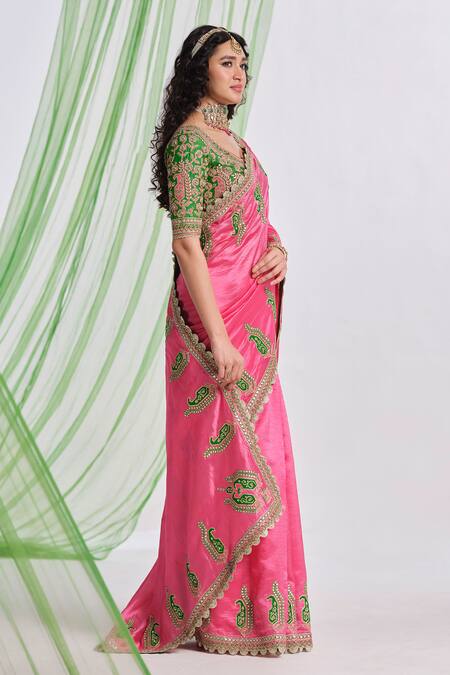 Almaari By Pooja Patel_Pink Silk Gota Patti, Embroidery, Metallic Rang Paisley Saree With Blouse _Online_at_Aza_Fashions