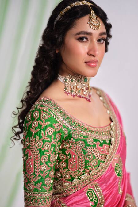 Buy_Almaari By Pooja Patel_Pink Silk Gota Patti, Embroidery, Metallic Rang Paisley Saree With Blouse _Online_at_Aza_Fashions