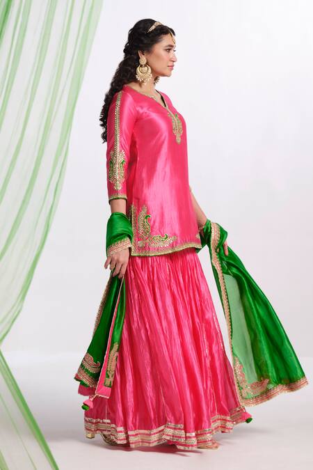 Buy_Almaari By Pooja Patel_Pink Silk Embroidery, Gota Patti, Tassels Split Rangsaaz Kurta Sharara Set _Online_at_Aza_Fashions