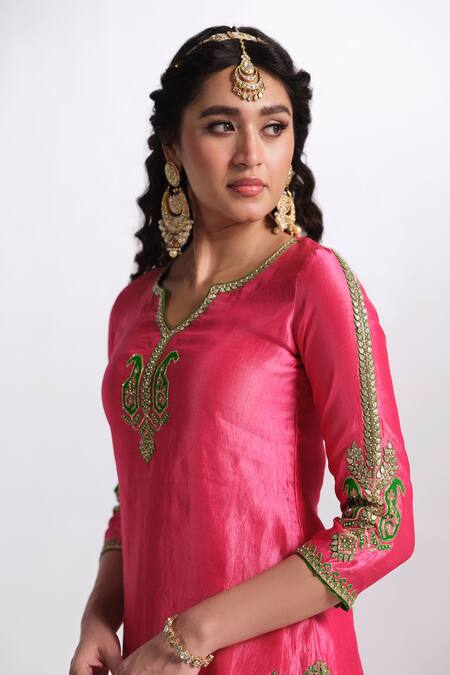 Shop_Almaari By Pooja Patel_Pink Silk Embroidery, Gota Patti, Tassels Split Rangsaaz Kurta Sharara Set _Online_at_Aza_Fashions