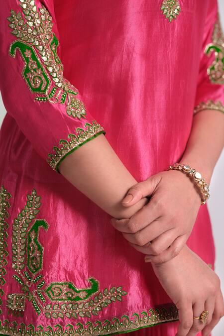 Almaari By Pooja Patel_Pink Silk Embroidery, Gota Patti, Tassels Split Rangsaaz Kurta Sharara Set _at_Aza_Fashions
