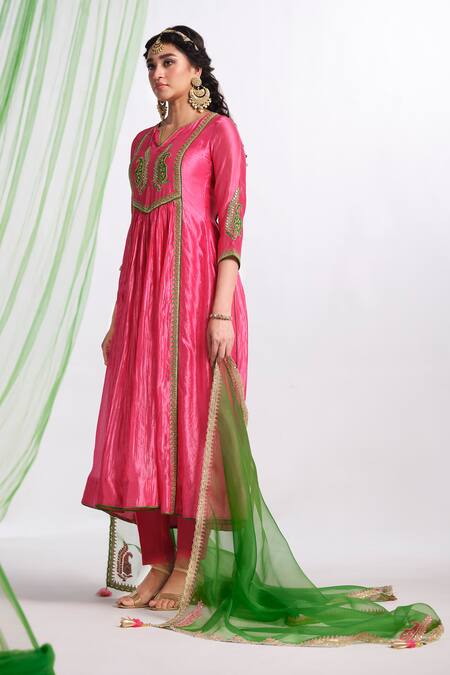 Buy_Almaari By Pooja Patel_Pink Silk, Shantoon, Organza Embroidery, Gota Patti, Rangmanch Anarkali Set _Online_at_Aza_Fashions