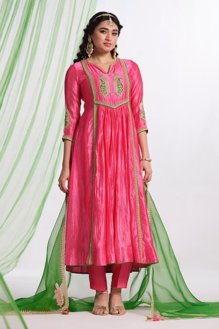 Almaari By Pooja Patel Pink Silk, Shantoon, Organza Embroidery, Gota Patti, Rangmanch Anarkali Set