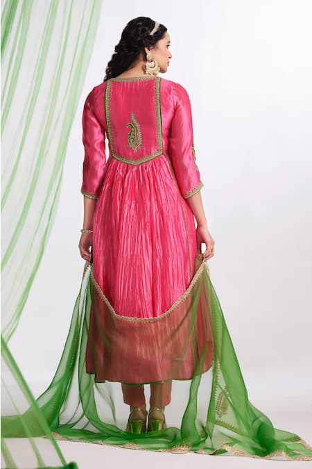 Shop_Almaari By Pooja Patel_Pink Silk, Shantoon, Organza Embroidery, Gota Patti, Rangmanch Anarkali Set _at_Aza_Fashions