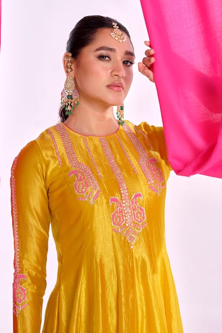 Shop_Almaari By Pooja Patel_Yellow Silk, Organza Embroidery, Gota Patti Round Neck Rangyaan Anarkali Set _Online_at_Aza_Fashions