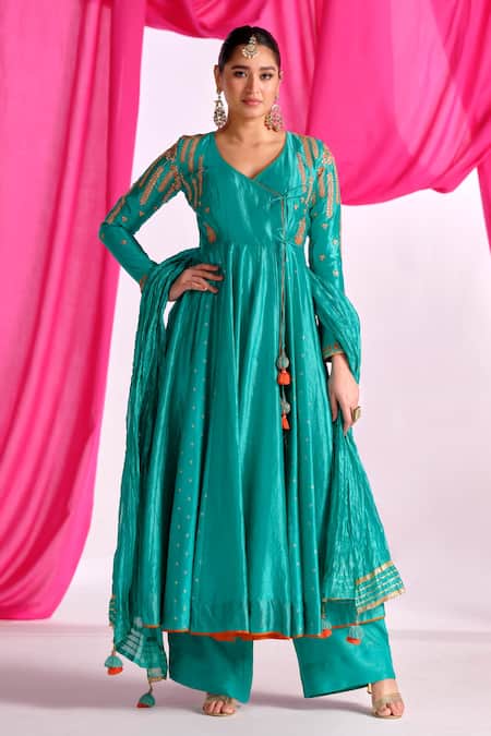 Almaari By Pooja Patel Green Silk, Shantoon Embroidery, Gota Patti, Tassels Rangtarang Anarkali Set
