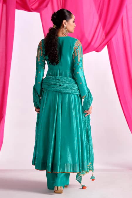 Shop Almaari By Pooja Patel Green Silk, Shantoon Embroidery, Gota Patti, Tassels Rangtarang Anarkali Set at Aza Fashions Shop_Almaari By Pooja Patel_Green Silk, Shantoon Embroidery, Gota Patti, Tassels Rangtarang Anarkali Set _at_Aza_Fashions