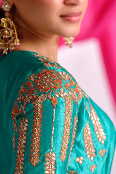 Shop Almaari By Pooja Patel Green Silk, Shantoon Embroidery, Gota Patti, Tassels Rangtarang Anarkali Set Online at Aza Fashions Shop_Almaari By Pooja Patel_Green Silk, Shantoon Embroidery, Gota Patti, Tassels Rangtarang Anarkali Set _Online_at_Aza_Fashions