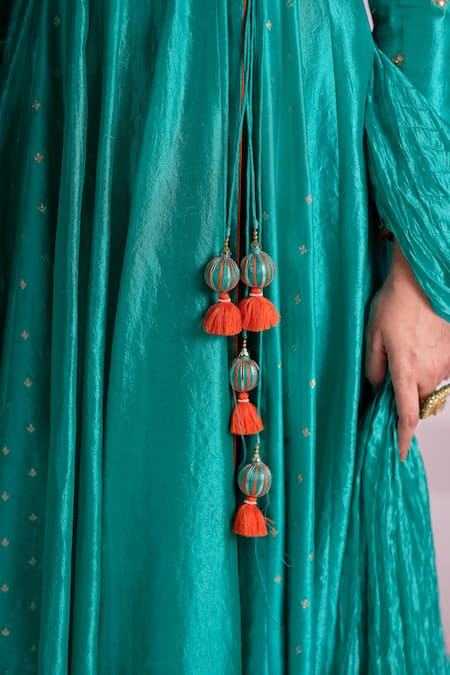 Almaari By Pooja Patel Green Silk, Shantoon Embroidery, Gota Patti, Tassels Rangtarang Anarkali Set at Aza Fashions Almaari By Pooja Patel_Green Silk, Shantoon Embroidery, Gota Patti, Tassels Rangtarang Anarkali Set _at_Aza_Fashions