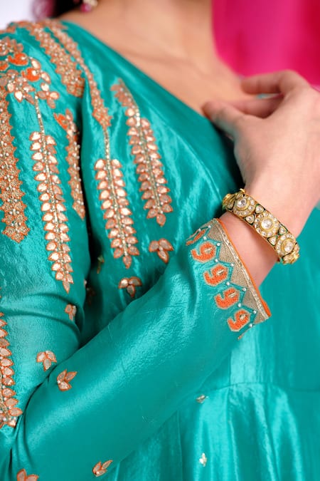 Buy Almaari By Pooja Patel Green Silk, Shantoon Embroidery, Gota Patti, Tassels Rangtarang Anarkali Set Buy_Almaari By Pooja Patel_Green Silk, Shantoon Embroidery, Gota Patti, Tassels Rangtarang Anarkali Set