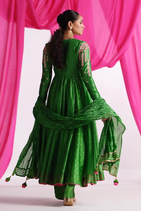 Shop Almaari By Pooja Patel Green Silk Embroidery, Tassels, Gota Patti V-neck Rangtarang Anarkali Set at Aza Fashions Shop_Almaari By Pooja Patel_Green Silk Embroidery, Tassels, Gota Patti V-neck Rangtarang Anarkali Set _at_Aza_Fashions