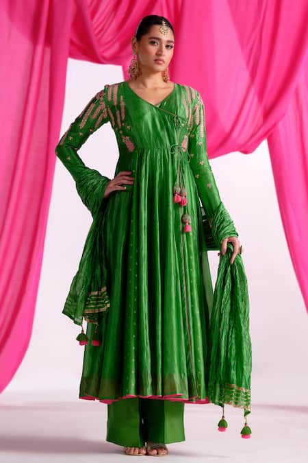 Almaari By Pooja Patel Green Silk Embroidery, Tassels, Gota Patti V-neck Rangtarang Anarkali Set