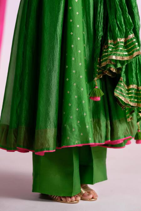 Almaari By Pooja Patel Green Silk Embroidery, Tassels, Gota Patti V-neck Rangtarang Anarkali Set Online at Aza Fashions Almaari By Pooja Patel_Green Silk Embroidery, Tassels, Gota Patti V-neck Rangtarang Anarkali Set _Online_at_Aza_Fashions