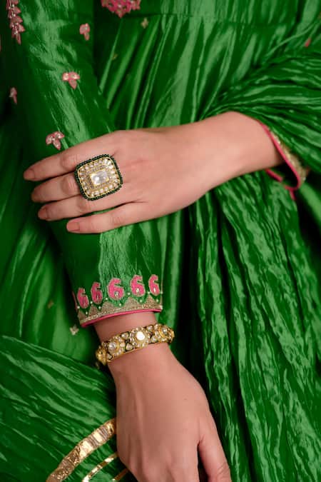 Buy Almaari By Pooja Patel Green Silk Embroidery, Tassels, Gota Patti V-neck Rangtarang Anarkali Set Online at Aza Fashions Buy_Almaari By Pooja Patel_Green Silk Embroidery, Tassels, Gota Patti V-neck Rangtarang Anarkali Set _Online_at_Aza_Fashions