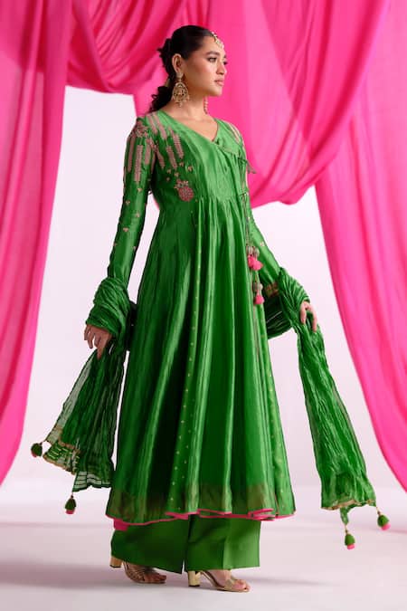 Shop Almaari By Pooja Patel Green Silk Embroidery, Tassels, Gota Patti V-neck Rangtarang Anarkali Set Online at Aza Fashions Shop_Almaari By Pooja Patel_Green Silk Embroidery, Tassels, Gota Patti V-neck Rangtarang Anarkali Set _Online_at_Aza_Fashions