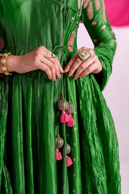 Buy Almaari By Pooja Patel Green Silk Embroidery, Tassels, Gota Patti V-neck Rangtarang Anarkali Set Buy_Almaari By Pooja Patel_Green Silk Embroidery, Tassels, Gota Patti V-neck Rangtarang Anarkali Set