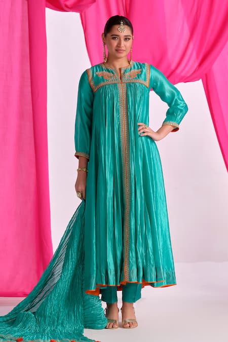 Almaari By Pooja Patel Green Silk Embroidery, Gota Patti, Tassels Split V-neck Rangsetu Anarkali Set