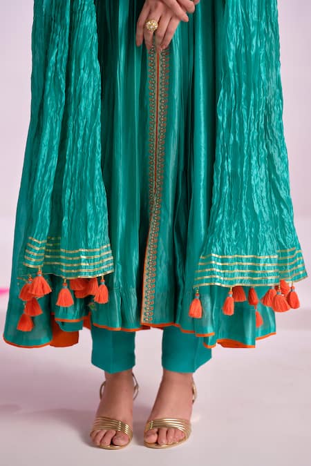 Buy Almaari By Pooja Patel Green Silk Embroidery, Gota Patti, Tassels Split V-neck Rangsetu Anarkali Set Online at Aza Fashions Buy_Almaari By Pooja Patel_Green Silk Embroidery, Gota Patti, Tassels Split V-neck Rangsetu Anarkali Set _Online_at_Aza_Fashions