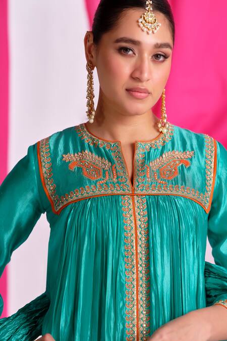 Shop Almaari By Pooja Patel Green Silk Embroidery, Gota Patti, Tassels Split V-neck Rangsetu Anarkali Set Online at Aza Fashions Shop_Almaari By Pooja Patel_Green Silk Embroidery, Gota Patti, Tassels Split V-neck Rangsetu Anarkali Set _Online_at_Aza_Fashions
