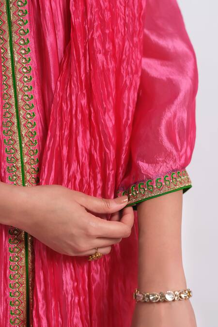 Almaari By Pooja Patel_Pink Silk Embroidery, Gota Patti Split V-neck Rangsetu Anarkali Set _at_Aza_Fashions