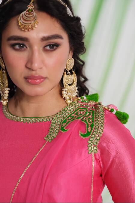 Almaari By Pooja Patel_Pink Silk, Organza Gota Patti, Embroidery, Tassels Round Rangraag Anarkali Set _at_Aza_Fashions