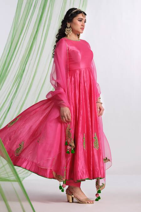 Shop_Almaari By Pooja Patel_Pink Silk, Organza Gota Patti, Embroidery, Tassels Round Rangraag Anarkali Set 