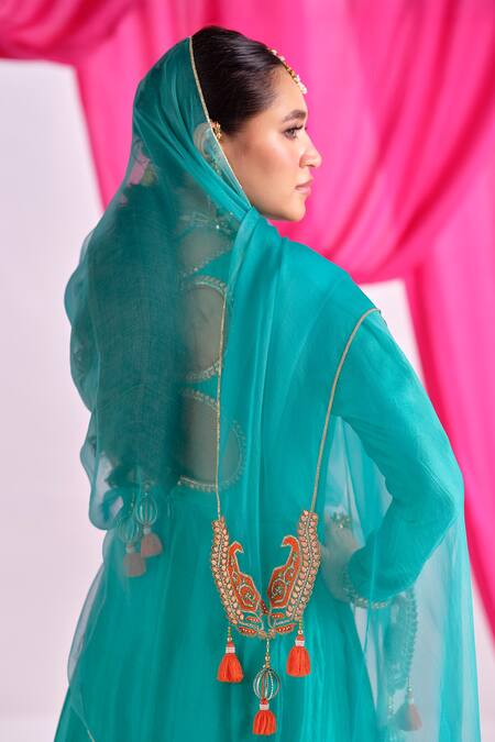 Shop_Almaari By Pooja Patel_Green Silk, Organza Gota Patti, Embroidery, Tassels Round Rangraag Anarkali Set _Online_at_Aza_Fashions