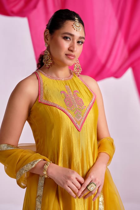 Shop_Almaari By Pooja Patel_Yellow Silk, Shantoon, Organza Embroidery, Gota Patti, Rangmehal Anarkali Set _Online_at_Aza_Fashions