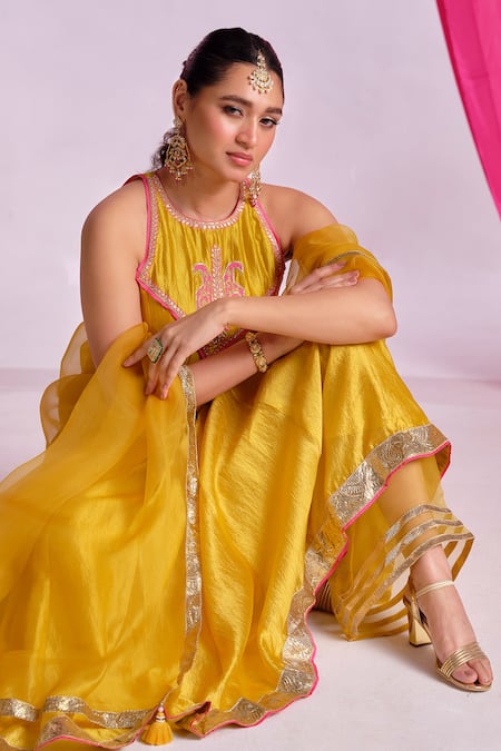 Almaari By Pooja Patel_Yellow Silk, Shantoon, Organza Embroidery, Gota Patti, Rangmehal Anarkali Set _at_Aza_Fashions