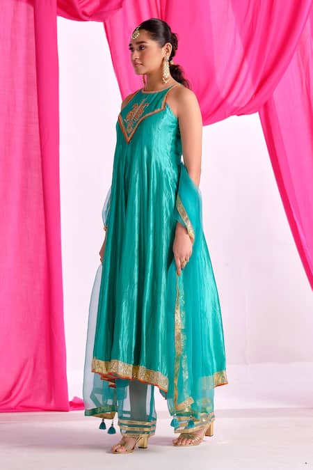 Almaari By Pooja Patel_Green Silk, Organza Gota Patti, Embroidery, Tassels Rangmehal Anarkali Set _Online_at_Aza_Fashions