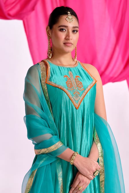 Buy_Almaari By Pooja Patel_Green Silk, Organza Gota Patti, Embroidery, Tassels Rangmehal Anarkali Set _Online_at_Aza_Fashions