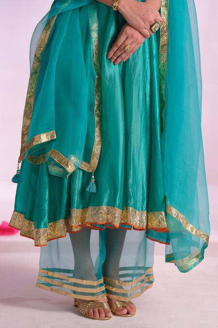 Shop_Almaari By Pooja Patel_Green Silk, Organza Gota Patti, Embroidery, Tassels Rangmehal Anarkali Set _Online_at_Aza_Fashions