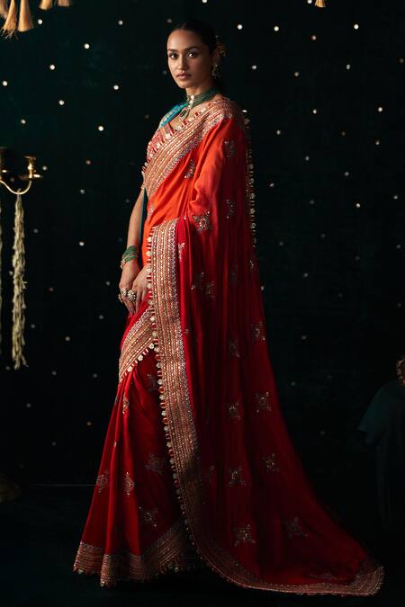 Almaari By Pooja Patel_Red Silk Embroidery, Mirrors, Gota Patti Sweetheart Nagara Saree With Blouse _Online_at_Aza_Fashions