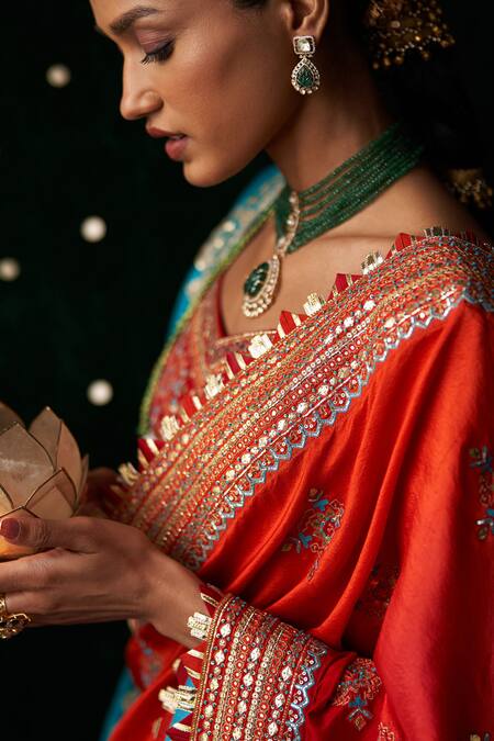 Shop_Almaari By Pooja Patel_Red Silk Embroidery, Mirrors, Gota Patti Sweetheart Nagara Saree With Blouse _Online_at_Aza_Fashions