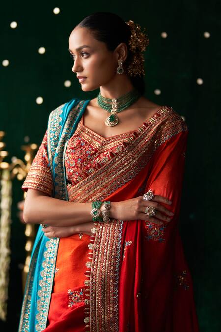 Almaari By Pooja Patel_Red Silk Embroidery, Mirrors, Gota Patti Sweetheart Nagara Saree With Blouse _at_Aza_Fashions