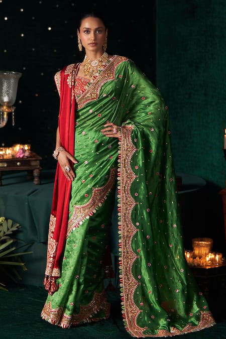 Almaari By Pooja Patel_Green Silk Beads, Mirrors, Metallic Thread, Bansuri Saree With Blouse _Online_at_Aza_Fashions