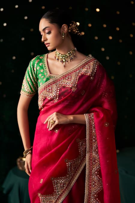 Buy_Almaari By Pooja Patel_Red Organza, Silk Embroidery, Mirrors, Gota Patti, Saarangi Saree With Blouse _Online_at_Aza_Fashions