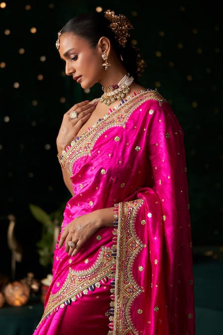 Almaari By Pooja Patel_Pink Silk Embroidery, Mirrors, Gota Patti, Zari Scoop Surmayi Saree With Blouse _at_Aza_Fashions