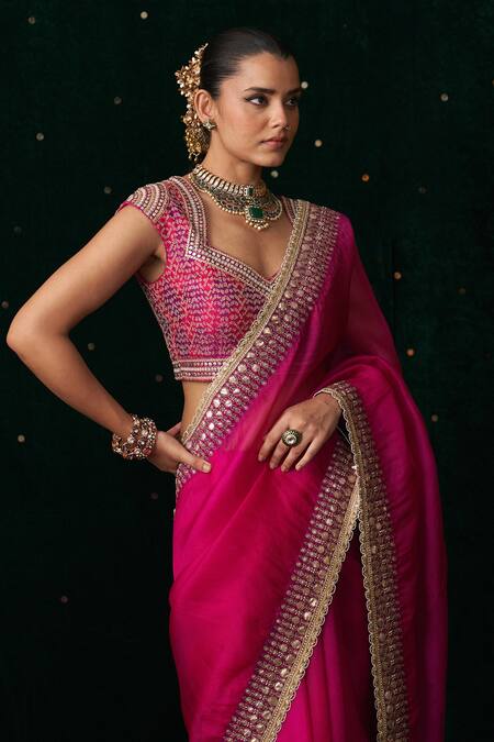 Almaari By Pooja Patel_Pink Organza, Silk Gota Patti, Mirrors, Embroidery, Shehnayi Saree With Blouse _Online_at_Aza_Fashions