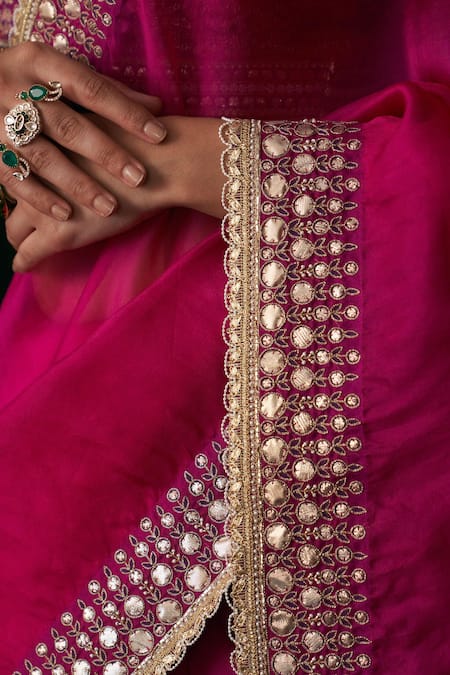 Buy_Almaari By Pooja Patel_Pink Organza, Silk Gota Patti, Mirrors, Embroidery, Shehnayi Saree With Blouse _Online_at_Aza_Fashions