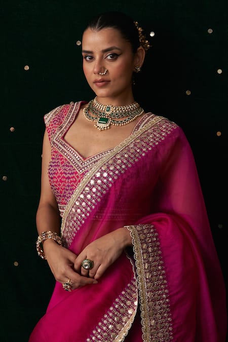 Shop_Almaari By Pooja Patel_Pink Organza, Silk Gota Patti, Mirrors, Embroidery, Shehnayi Saree With Blouse _Online_at_Aza_Fashions